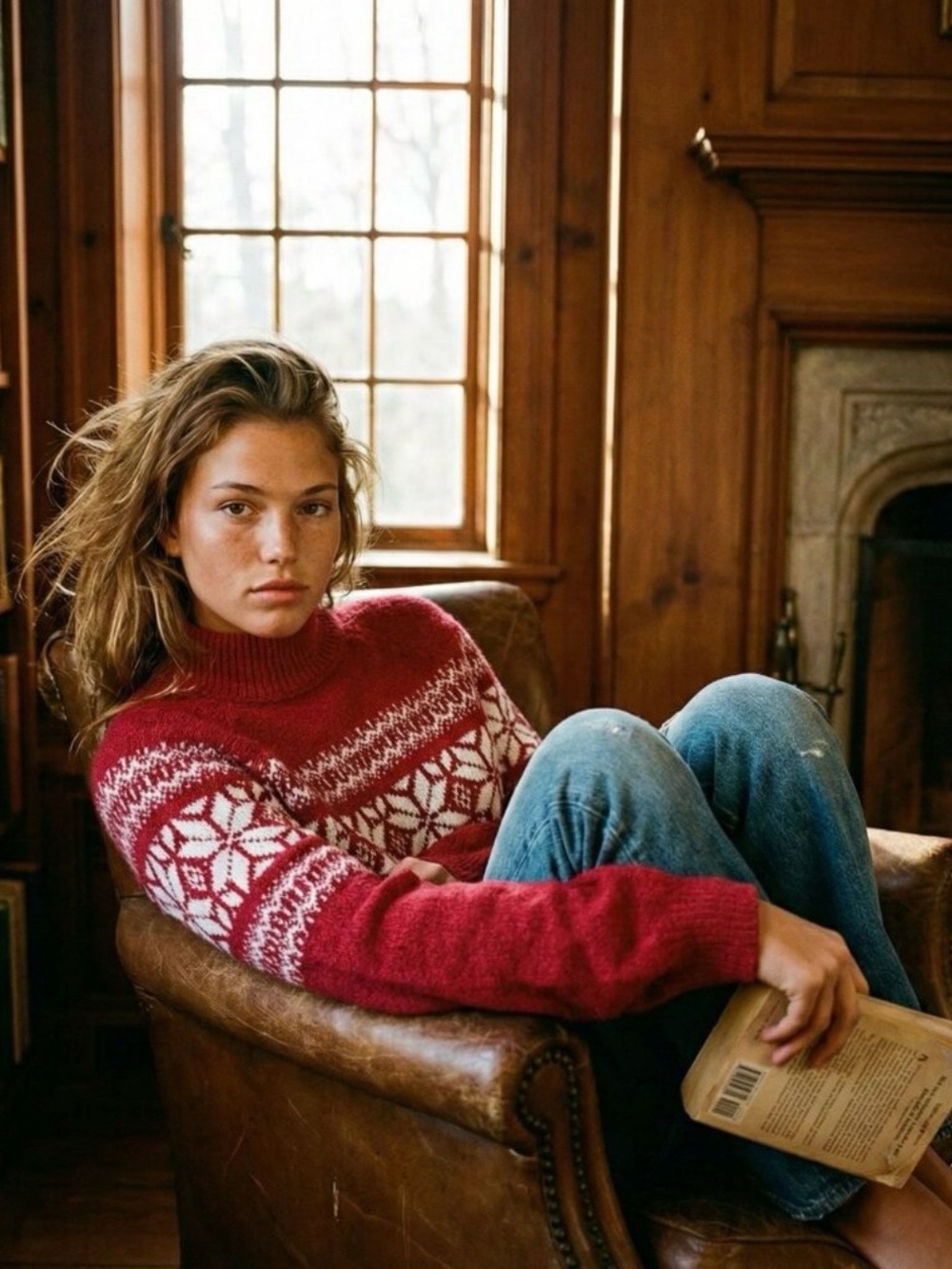 Red/Cream A&Fitch Fair Isle Crewneck Sweater with Nordic Snowflake pattern in XS